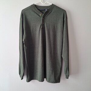 Basic Editions Henley Shirt Three Button Long Sleeve Forest Green Size M Medium